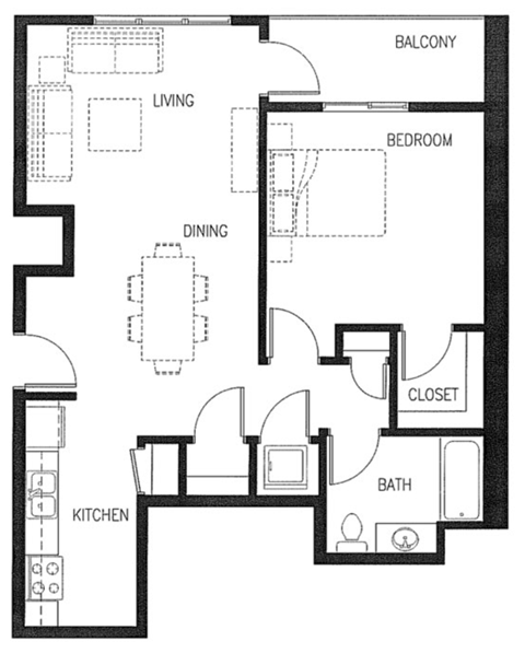 Floor plan for 1 bed, 1 bath, 812 sqft
